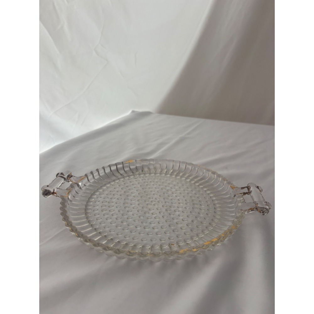 Vintage Hobnail Clear Glass Round Serving Tray Gold Gilt Trim Ribbed Edge 10in
